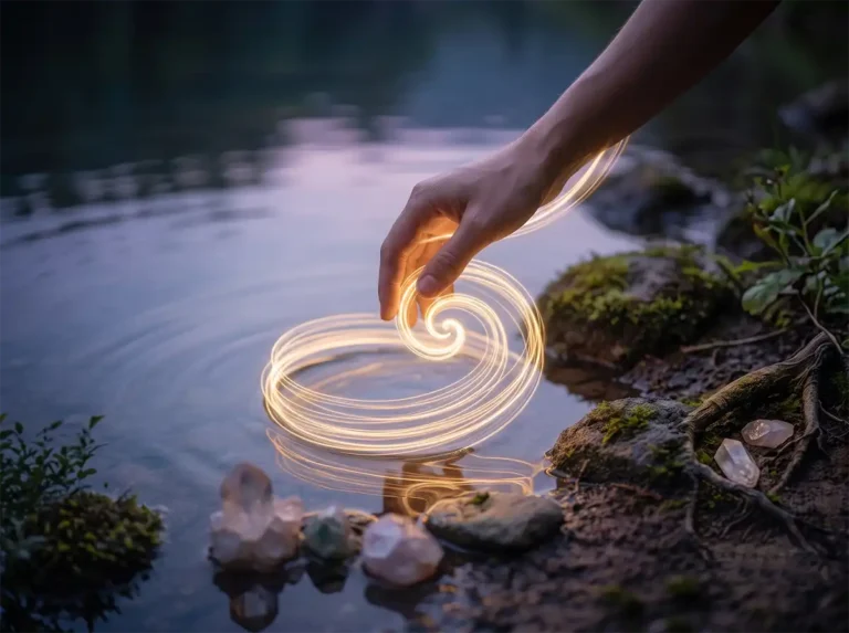 Espaço Consciencial: Mão emersa em luz sutil desenhando a Espiral Consciencial sobre a água calma e cristais de ametista e quartzo